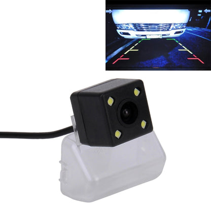 Rear view backup camera module with black square housing and four LED lights