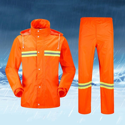 Orange hooded reflective raincoat and rain pants set, high-visibility stripes, size M
