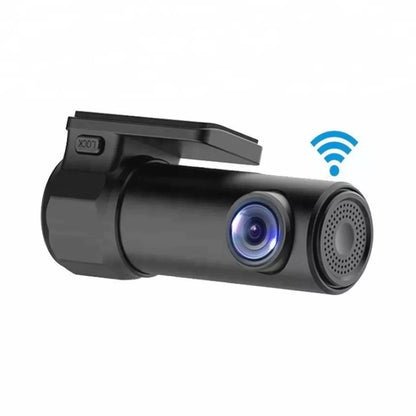 Mini black dash camera with front lens and side speaker grille