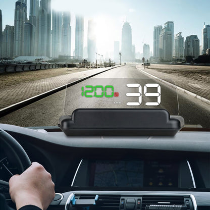 Car head-up display HUD showing green speed digits and white readout on dashboard