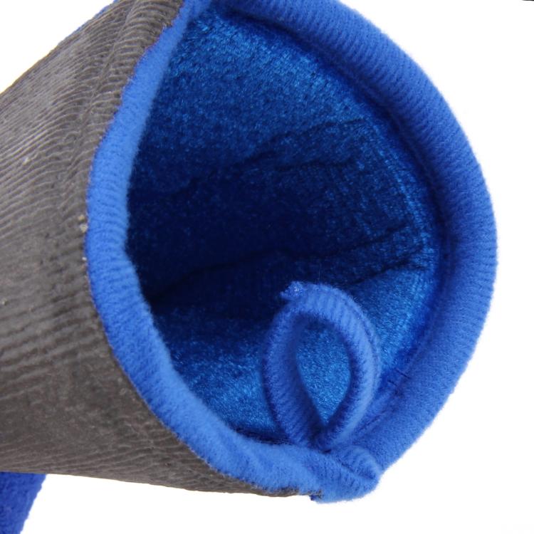 Close-up of car washer glove interior with blue-lined pocket and seam