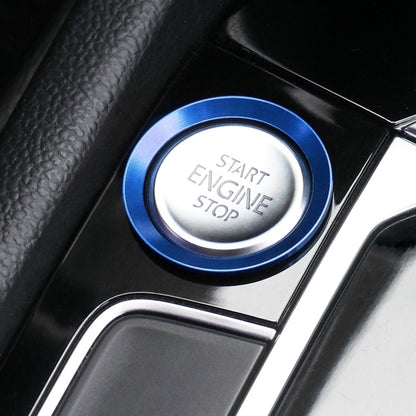 Blue aluminum push-start button ring with START ENGINE STOP lettering for car