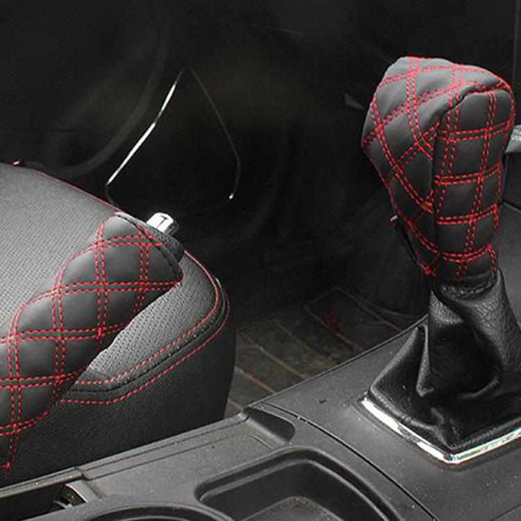 Car handbrake and shift knob covers, black with red plaid stitching