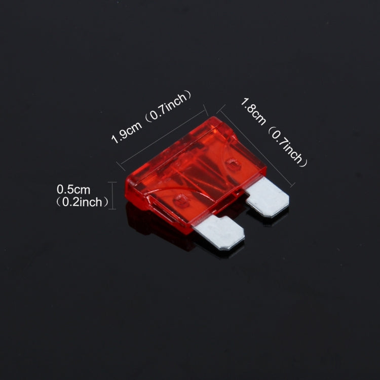Red add-a-circuit blade fuse with white metal blades and size markings