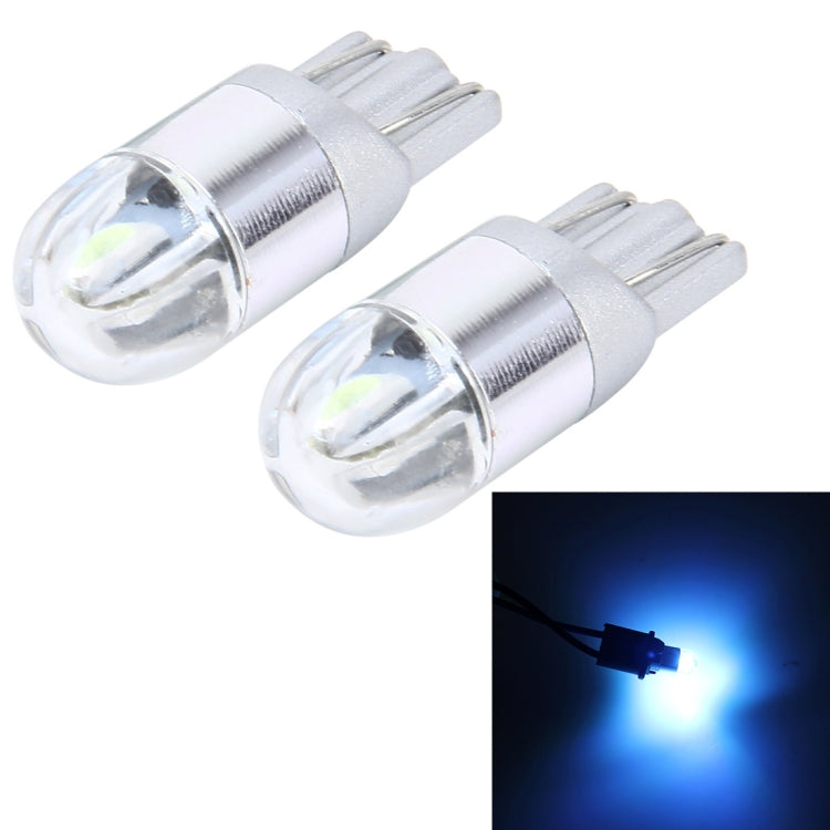 Pair T10 LED car clearance lights, silver base and clear lens; blue light glow.