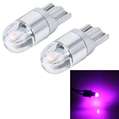 Pair T10 LED car clearance lights, silver base, clear bulb lens; purple light glow.