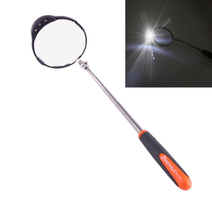 Retractable car inspection mirror with circular head and telescopic chrome handle, orange grip