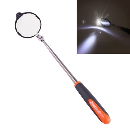 Telescoping inspection mirror with 55mm round head, black-orange handle, built-in LED light