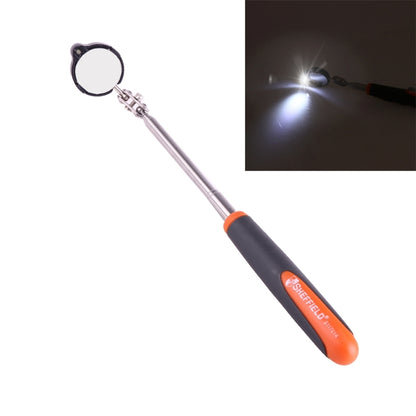 Telescoping inspection mirror with round lens and orange-black handle