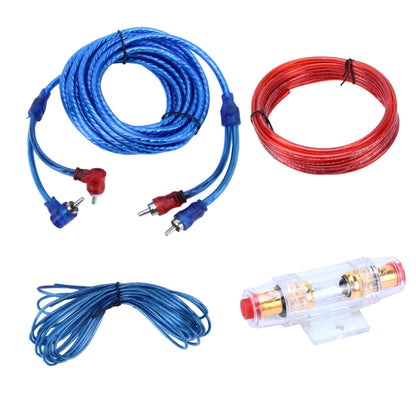 Car audio wiring kit with blue and red RCA cables, connectors