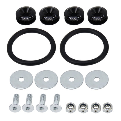 Car screw gasket kit with black caps, black rubber rings, washers, bolts, and nuts.