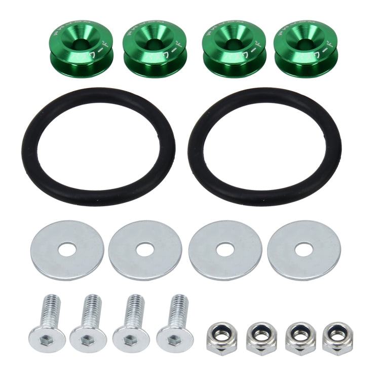 Car screw gasket set with green anodized caps, black rubber seals, steel bolts and nuts