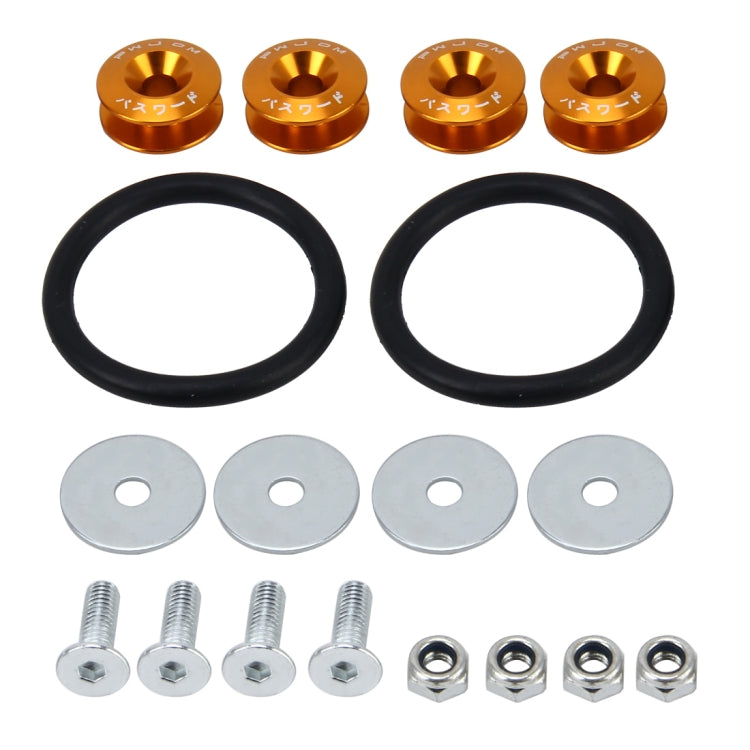 Car screw gasket set with gold anodized caps, black rubber seals, steel bolts and nuts