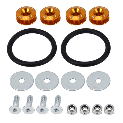 Car screw gasket set with gold anodized caps, black rubber seals, steel bolts and nuts