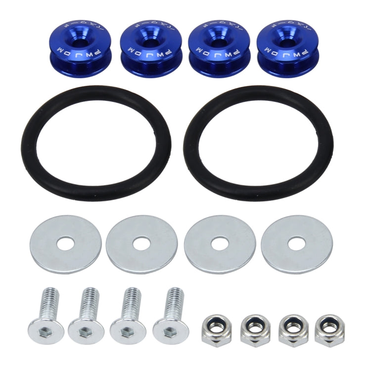 Car screw gasket set with blue anodized caps, black rubber seals, steel bolts and nuts