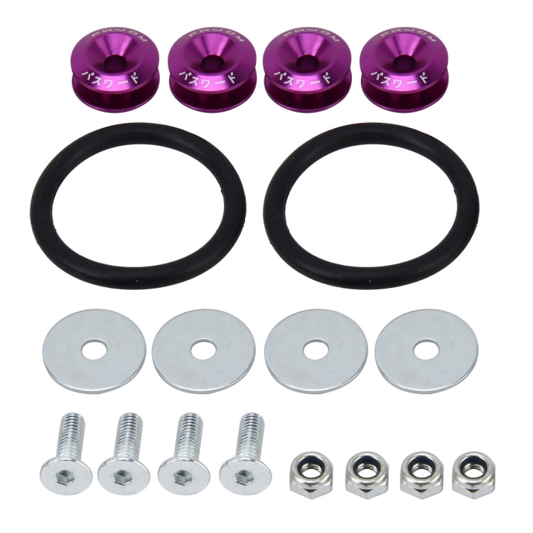Car screw gasket set with purple anodized caps, black rubber seals, steel bolts and nuts