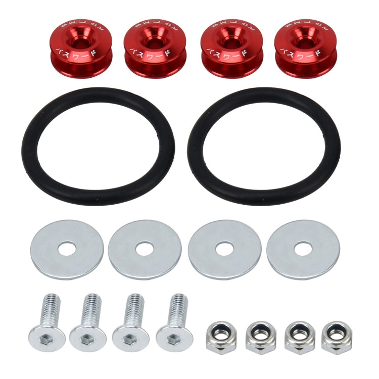 Car screw gasket set with red anodized caps, black rubber seals, steel bolts and nuts