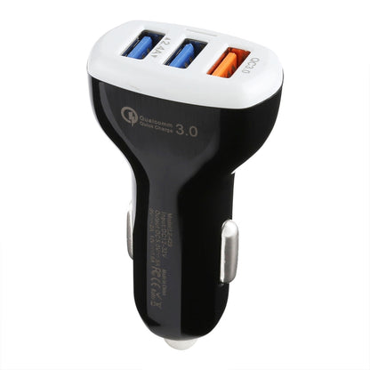 Black car charger with three USB ports and metal plug, Qualcomm Quick Charge 3.0