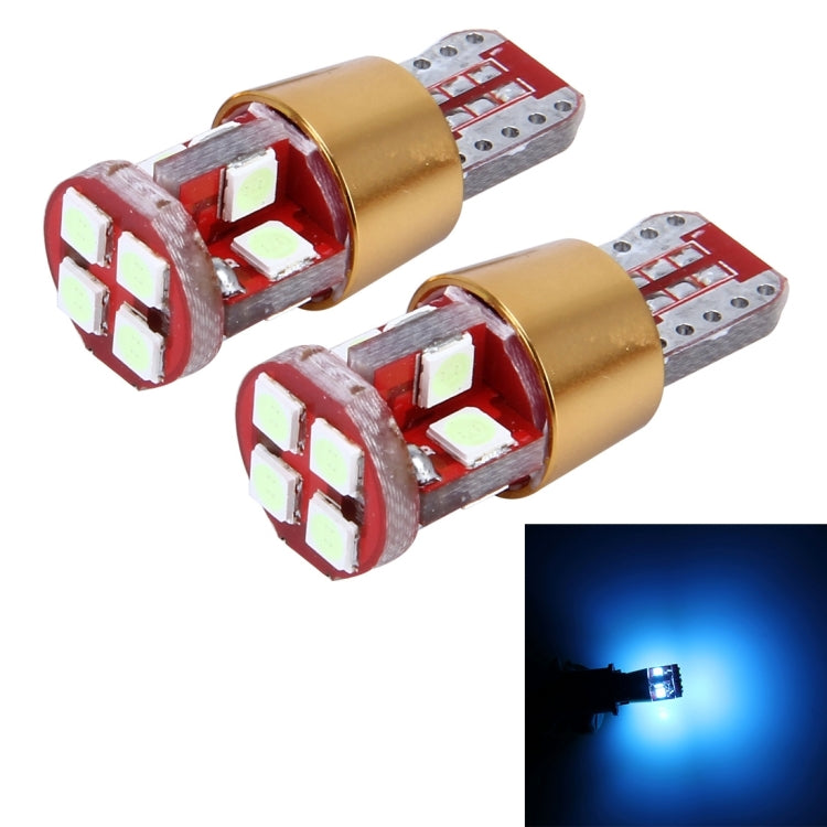 Pair of T10 LED bulbs with red PCB and gold bases; one bulb shown emitting blue light