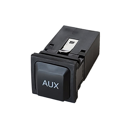 Black car AUX switch plug with AUX label button, compact dashboard control module