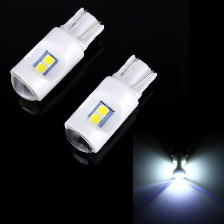 Pair of white T10 LED projector bulbs with dual yellow SMD chips