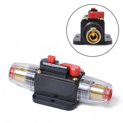 50A DC fuse holder with circuit breaker, black base, transparent body, red button, brass terminal