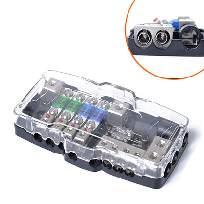 Car audio 4-way fuse block with clear cover, colored fuse windows and metal terminals