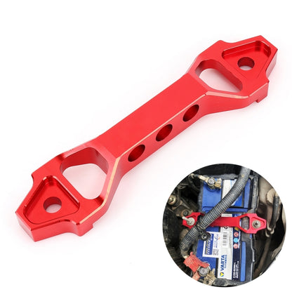 Red car battery tie-down clamp bracket with arch shape and mounting holes