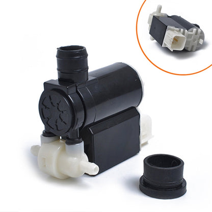 Windshield washer pump with black rubber nozzle and white valve base