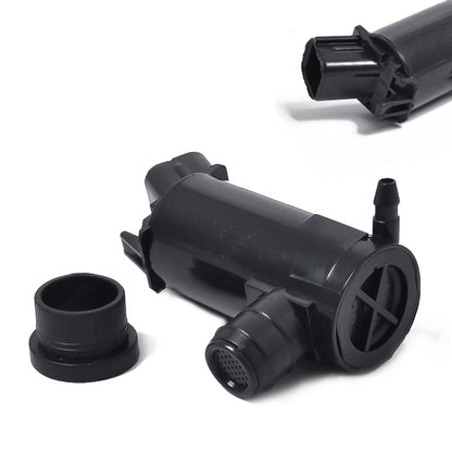 Black windshield washer pump with outlet nozzle and electrical connector