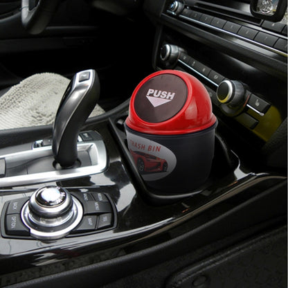 Red car trash bin with push-top lid for car cup holder, black body