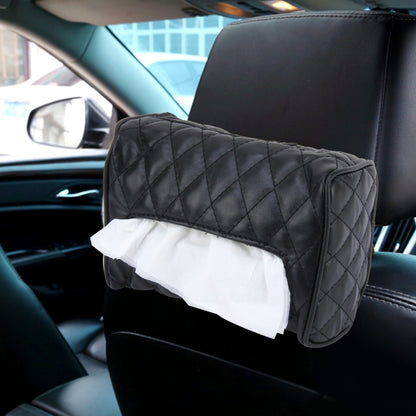 Car backseat tissue box holder, black quilted faux leather with tissue paper pocket