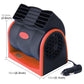 Portable vehicle cooling fan, side view with black body and orange trim, front vent grill