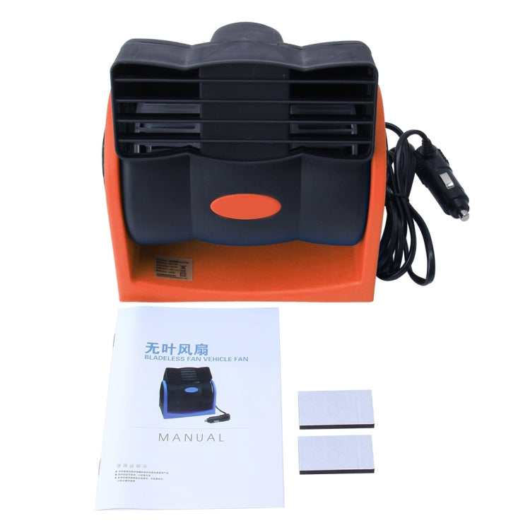 Portable vehicle cooling fan rear view with orange oval badge and attached power cord