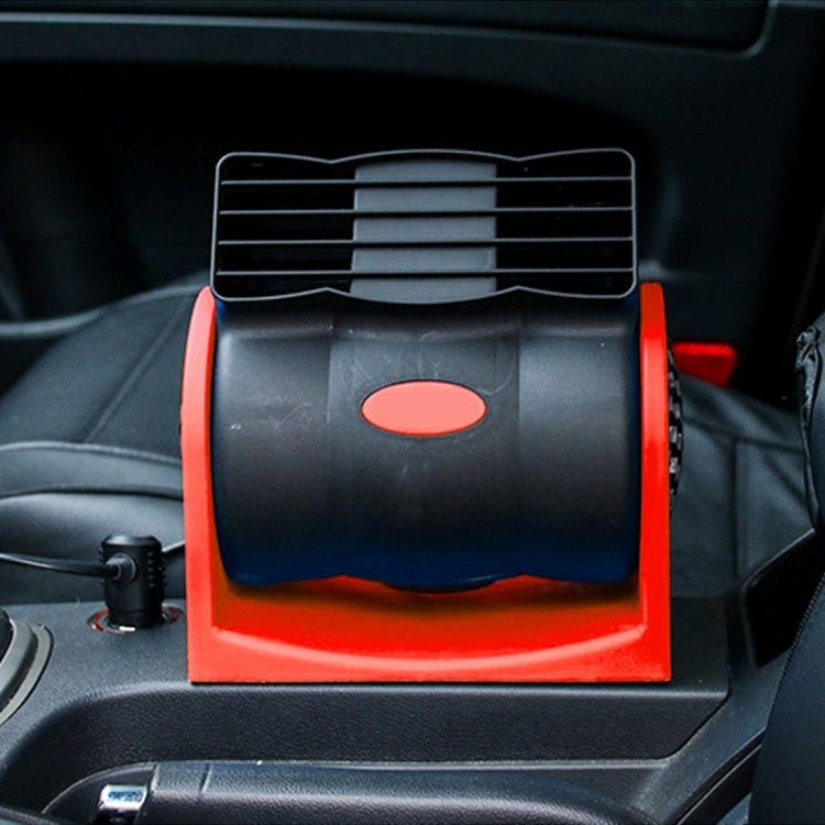 Portable vehicle cooling fan front view with vent grille and oval control panel, orange trim