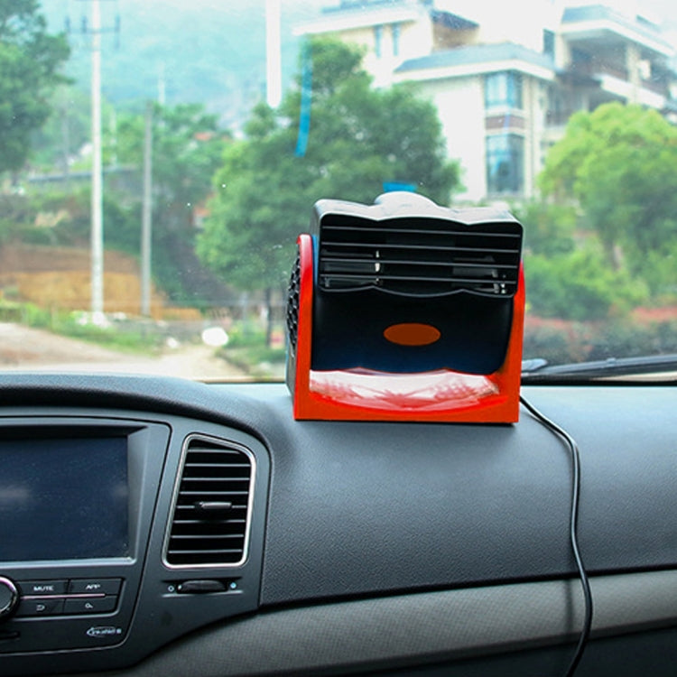 Portable vehicle cooling fan side view with black body and orange trim, vented grille
