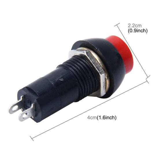 Long red button on black 2-pin push switch, showing side profile