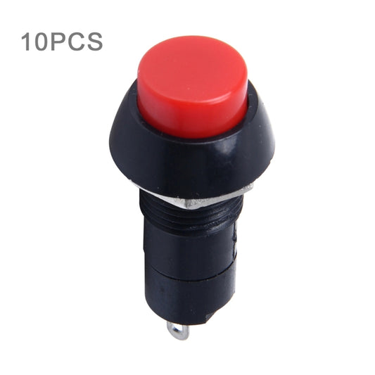Red round push button switch with black base and 2-pin terminals