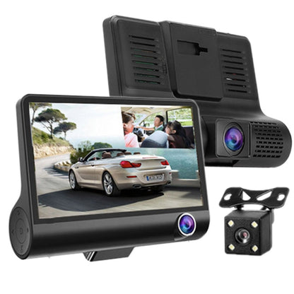 Black 4-inch car DVR with dash screen, wide-angle camera lens, and rear camera kit.