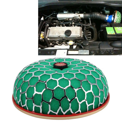 Mushroom-style air filter with green hex mesh and red center cap, 10 cm round top