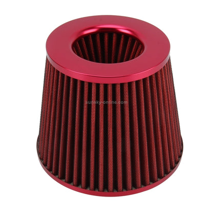 Red universal cone air filter with open intake and fine mesh pleats
