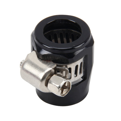 AN6 hose adapter fitting with black finish and metal clamp bracket, barbed style