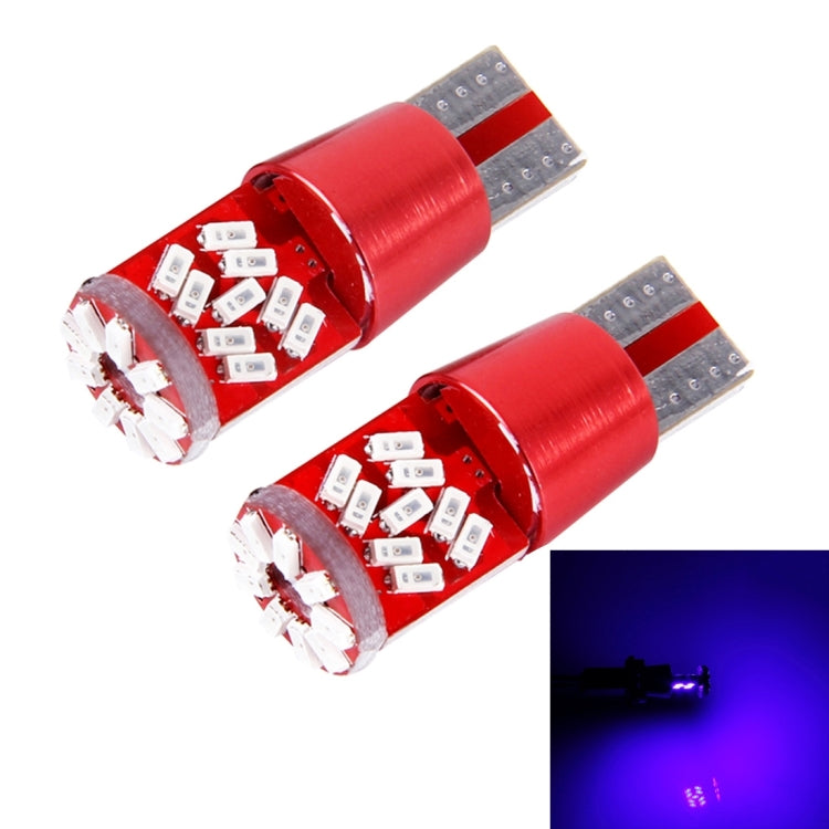 Pair of T10 LED car bulbs with red housing and blue light glow