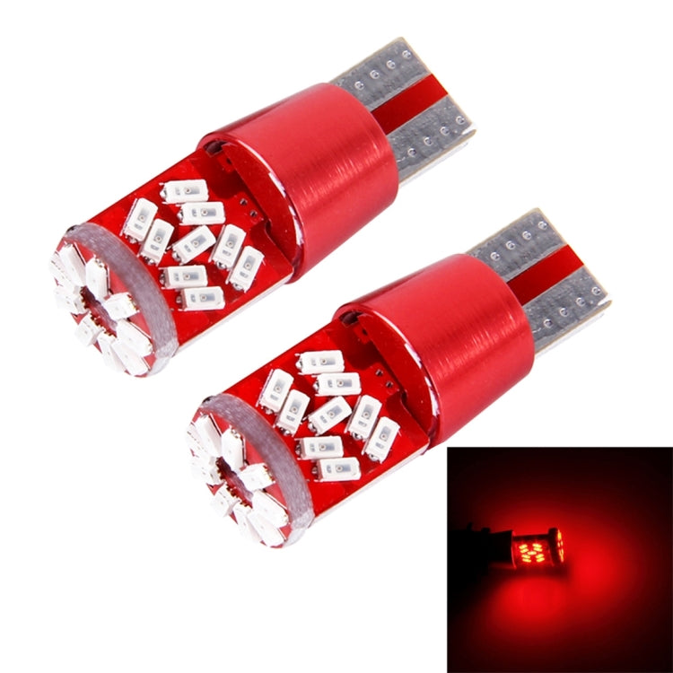 Pair of T10 LED bulbs with red housing and visible SMD chip rows