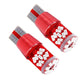 Pair of T10 LED bulbs showing red body, clear side housings, and SMD chips
