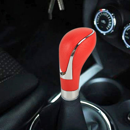 Red PU leather gear shift knob with curved chrome trim and silver base