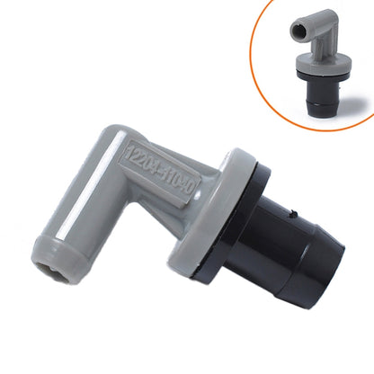 Crankcase PCV valve with gray L-shaped tube and black hose connector