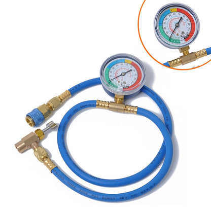 Blue refrigerant pressure gauge with brass fittings and coiled hose set