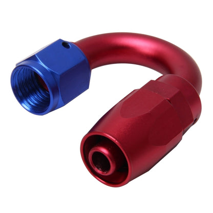 180-degree AN6 swivel hose fitting: red curved elbow with blue threaded inlet