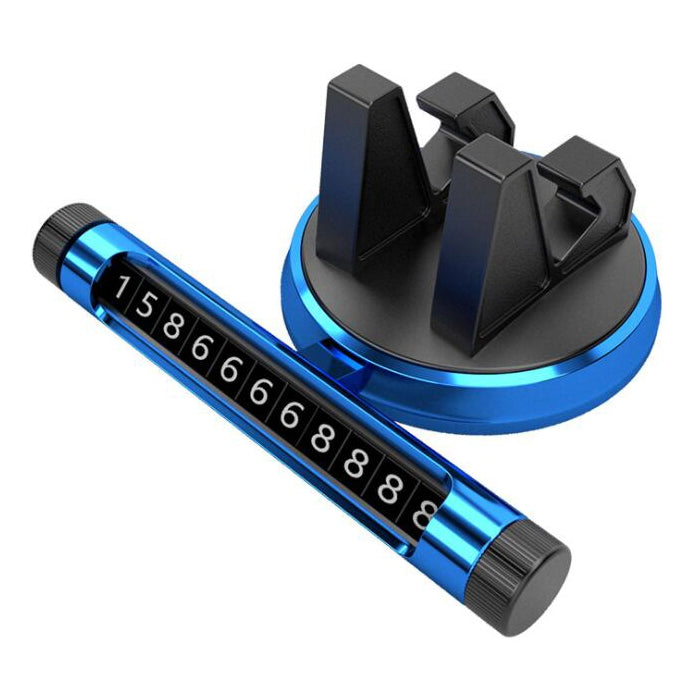 Blue car dashboard temporary parking number card holder with black privacy cover and digit display.